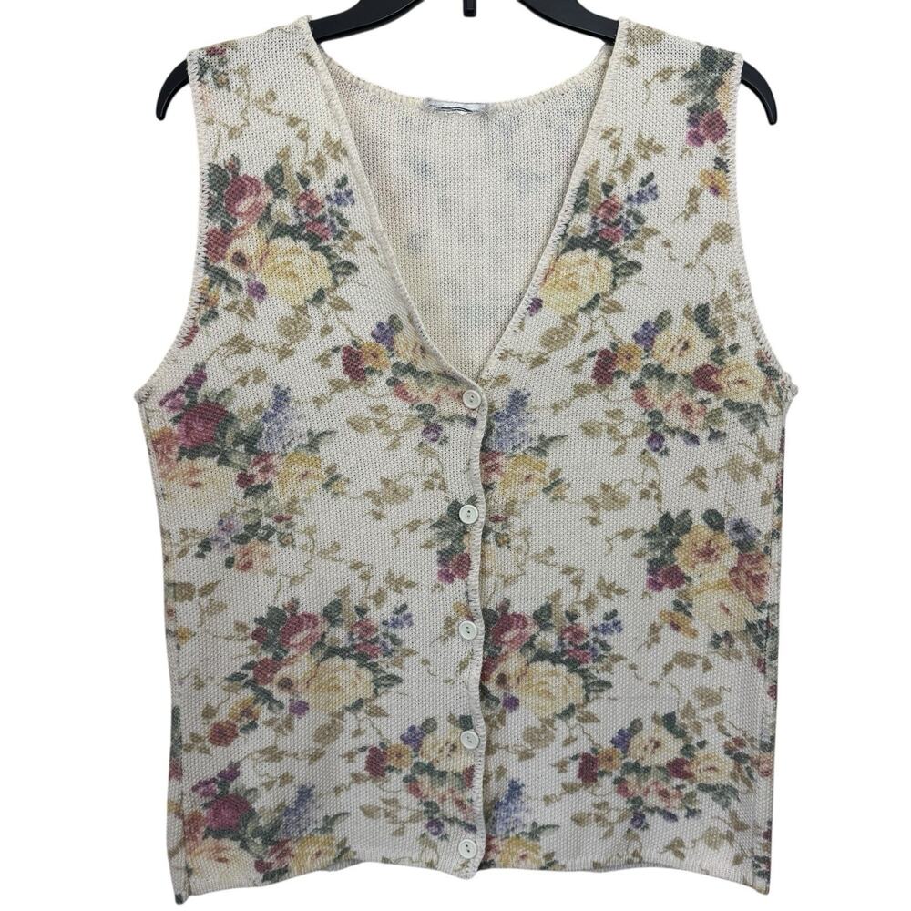 Vtg 80s Floral Sweater Vest Dainty Top Shirt Blouse Knit Cottagecore Prairie